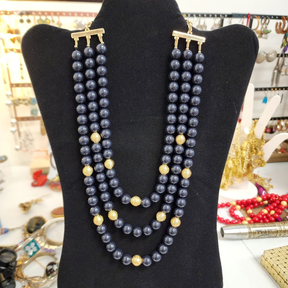 Vintage Talbots Navy Blue & Goldtone Beaded 3 Strand Necklace NWOT